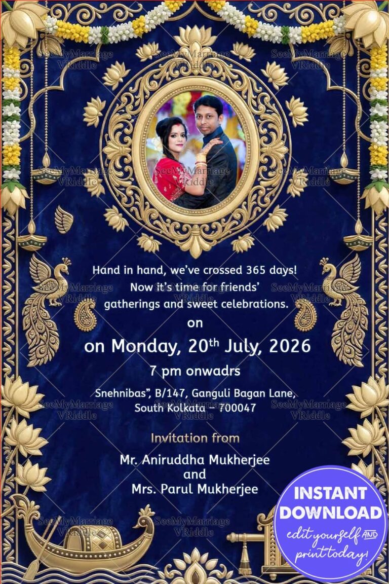 Grand Royal Blue Wedding Anniversary Invitation with Add Photo, Antique Gold Lotus Frame, Floral Garlands and Traditional Indian Motifs