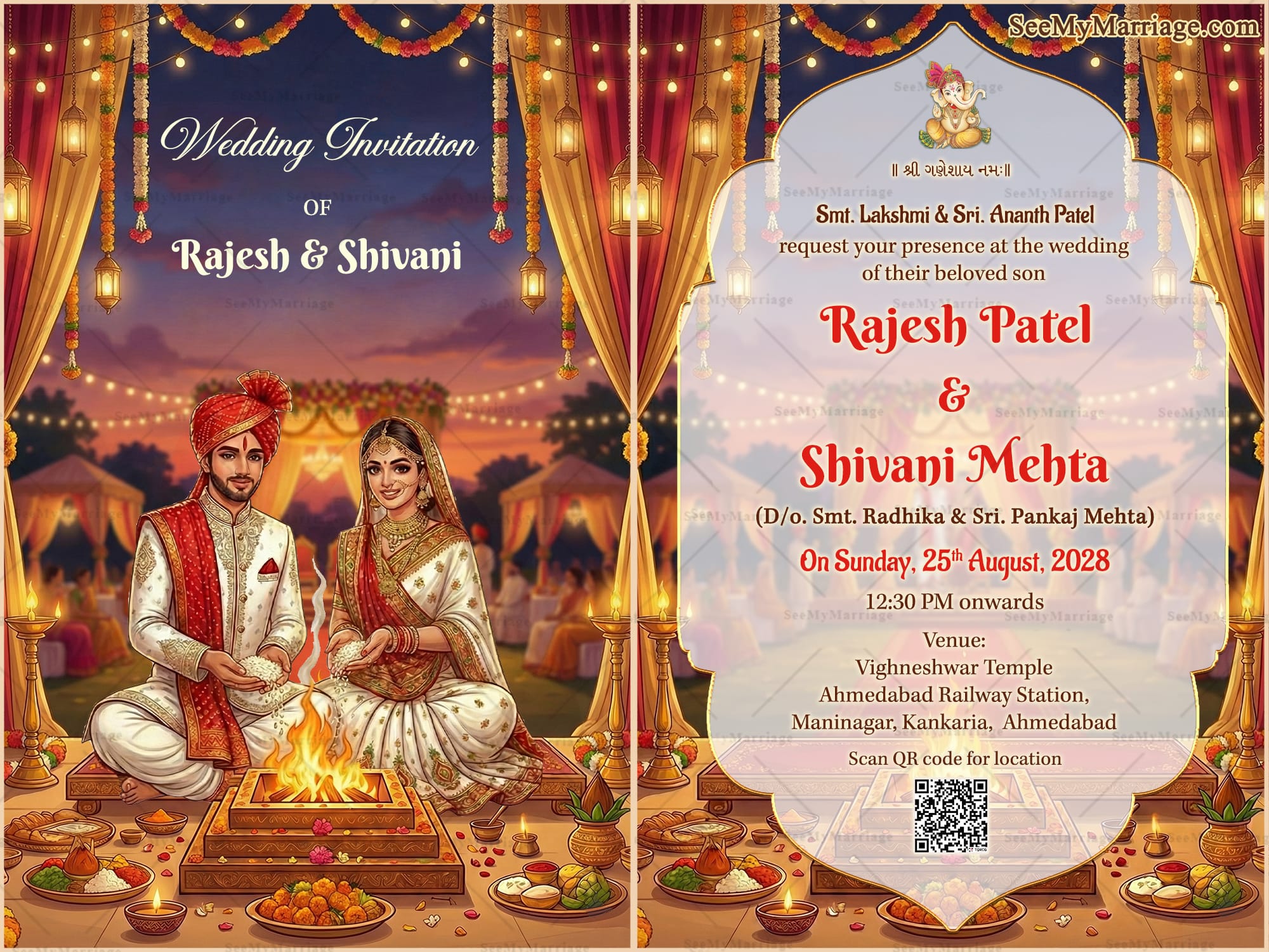 Two Fold Gujarati Wedding Invitation Card with Sacred Agni Ritual, Festive Lantern Lights and Traditional Indian Wedding Decor