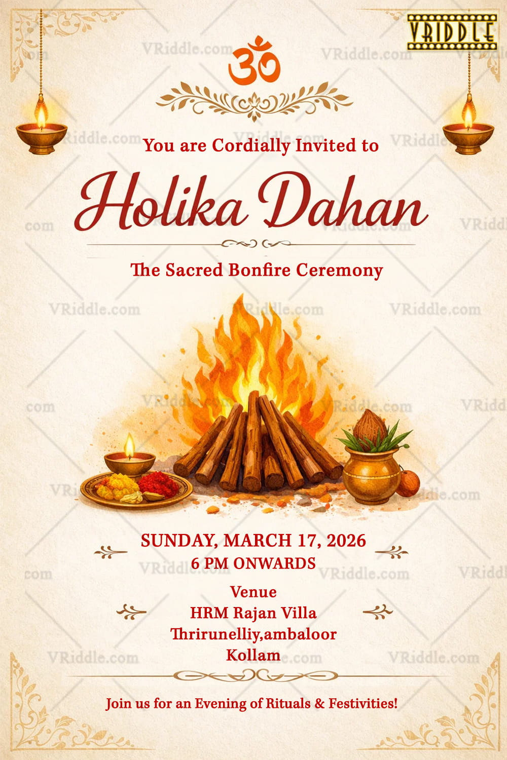 Holika Dahan Invitation with Sacred Bonfire, Om Symbol & Traditional Diyas