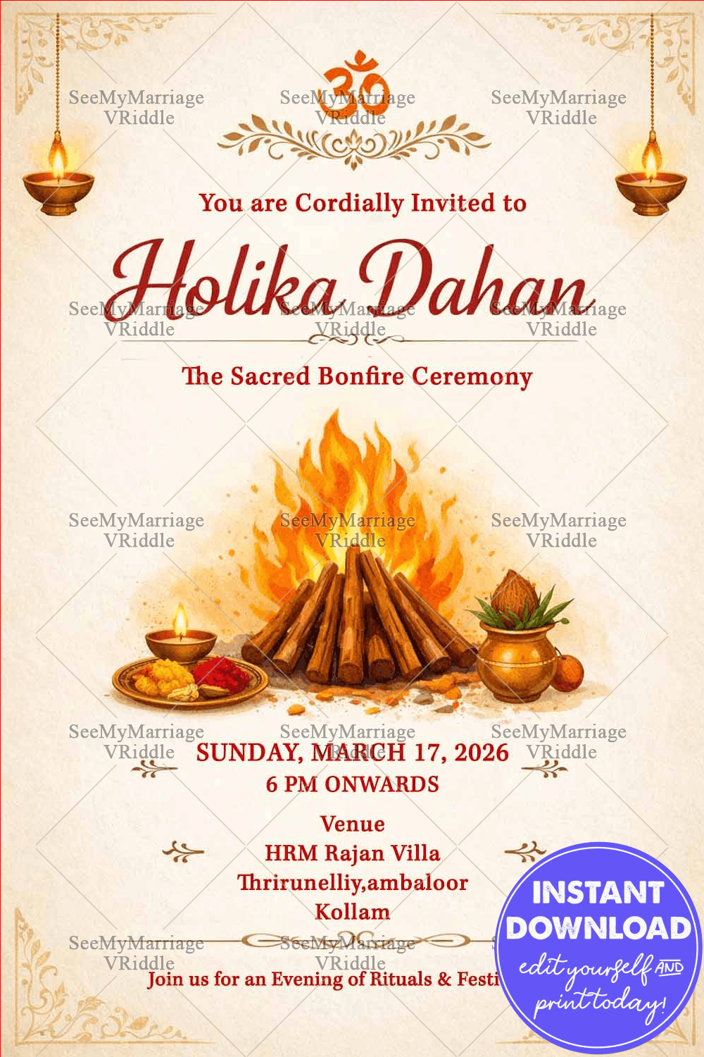 Holika Dahan Invitation with Sacred Bonfire, Om Symbol & Traditional Diyas