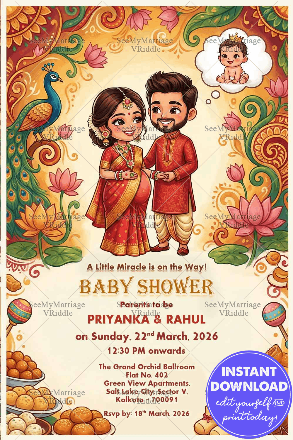 Indian Floral Art Bengali Shad Invitation with Cute Cartoon Parents-to-Be, Peacock Motifs and Festive Sweet