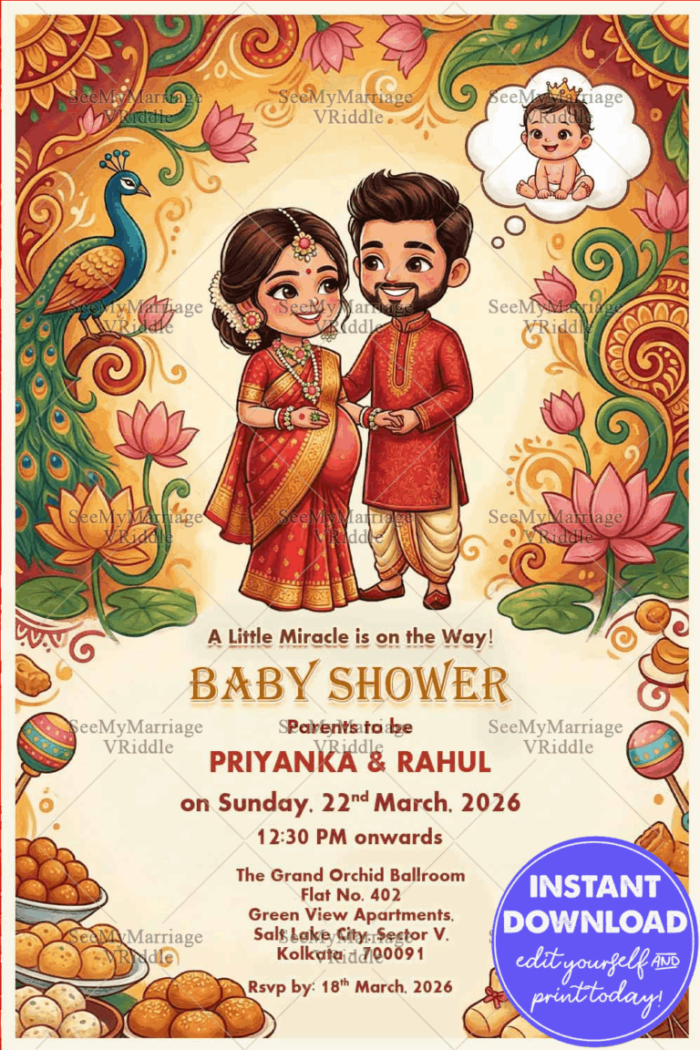 Indian Floral Art Bengali Shad Invitation with Cute Cartoon Parents-to-Be, Peacock Motifs and Festive Sweets