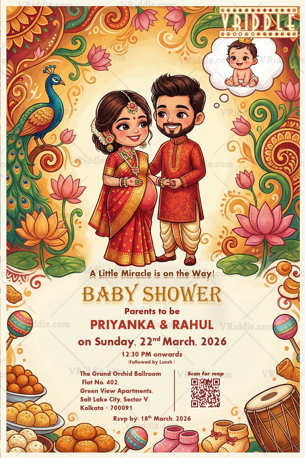Indian Floral Art Bengali Shad Invitation with Cute Cartoon Parents-to-Be, Peacock Motifs and Festive Sweets