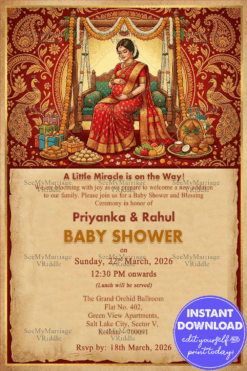 Royal Red Bengali Shad Invitation with Graceful Mom-to-Be on Ornate Swing, Peacock Motifs and Marigold Garlands