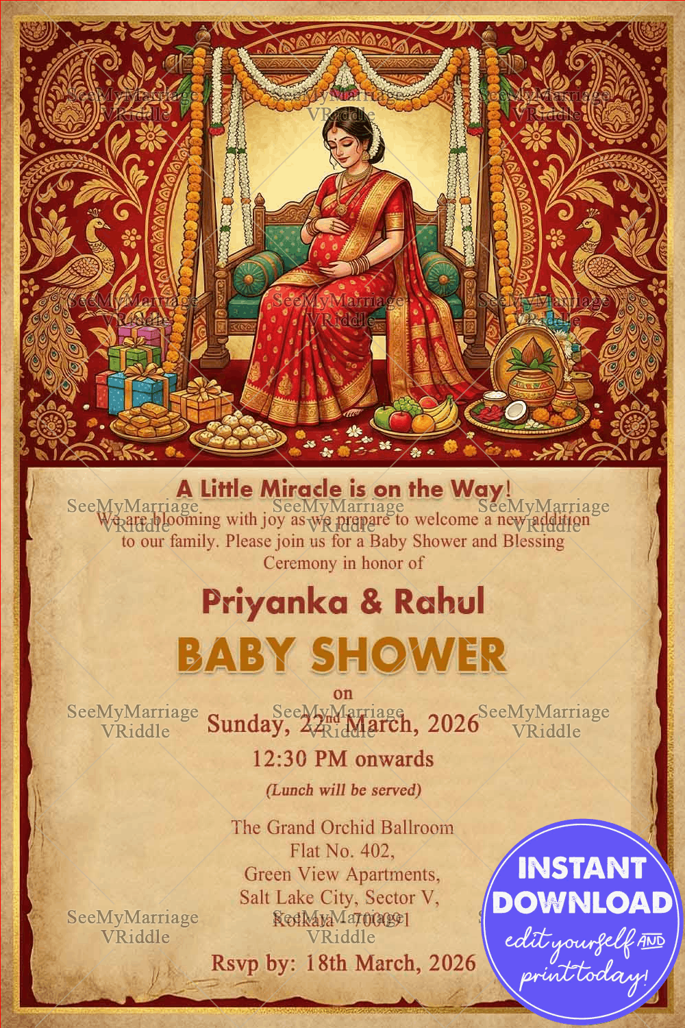 Indian Floral Art Bengali Shad Invitation with Cute Cartoon Parents-to-Be, Peacock Motifs and Festive Sweets