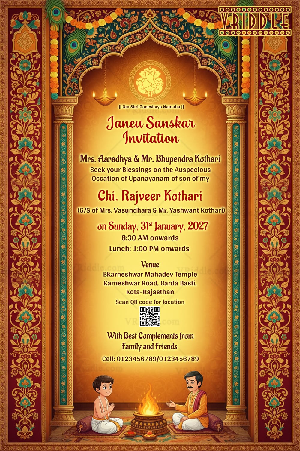 Royal Jain–Hindu Janeu Sanskar Invitation with Grand Temple-Style Arch, Ornate Floral Borders and Sacred Homa Ceremony Illustration