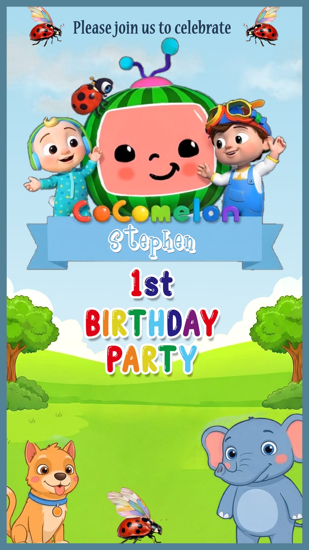 Joyful Cocomelon Birthday Invitation Video with Playful Cartoon Friends, Bright Rainbow and a Happy Outdoor Party Vibe