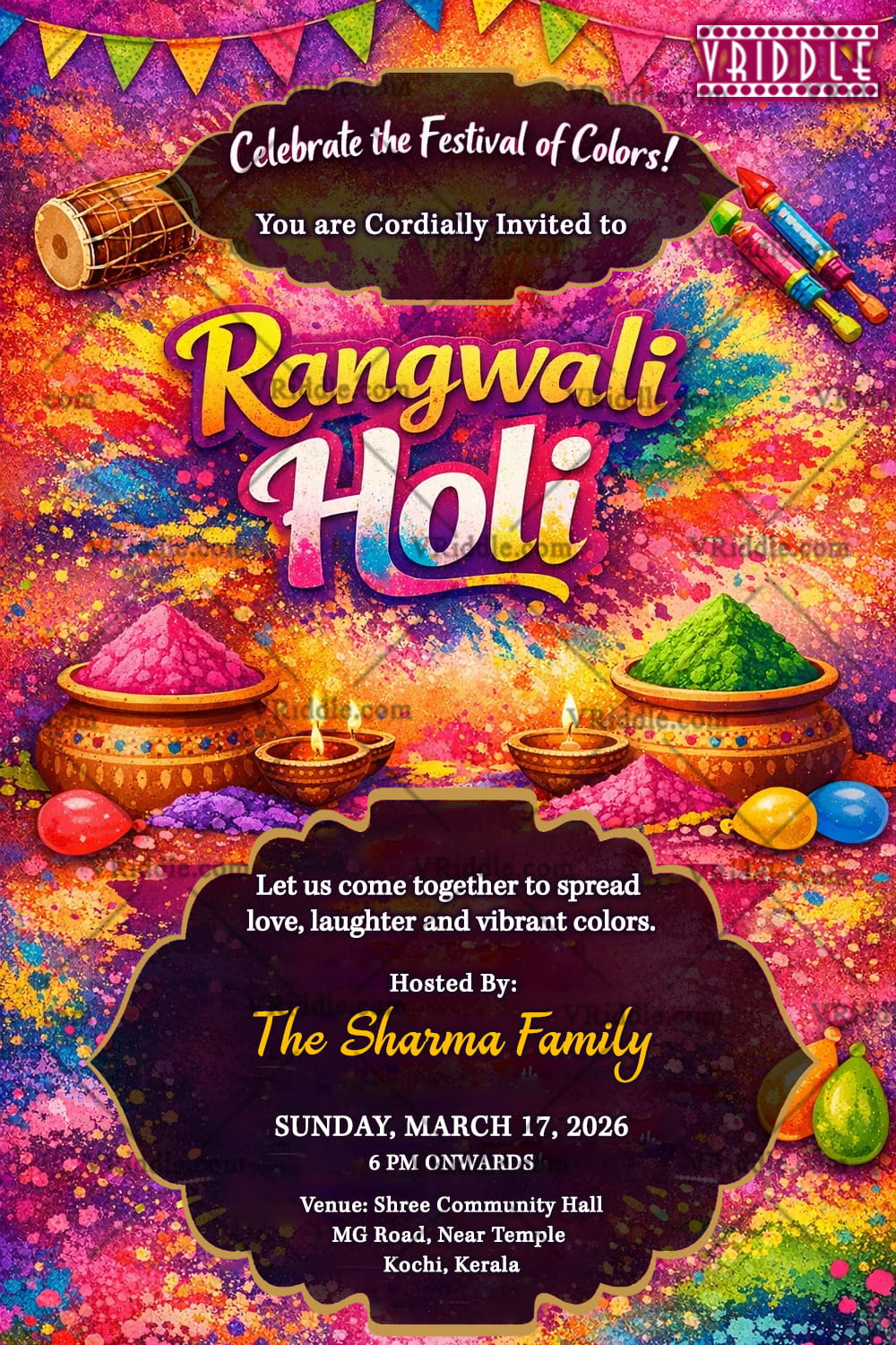 Joyful Rangwali Holi Invitation with Gulal Pots, Dhol Beats & Color Splash Festive Design