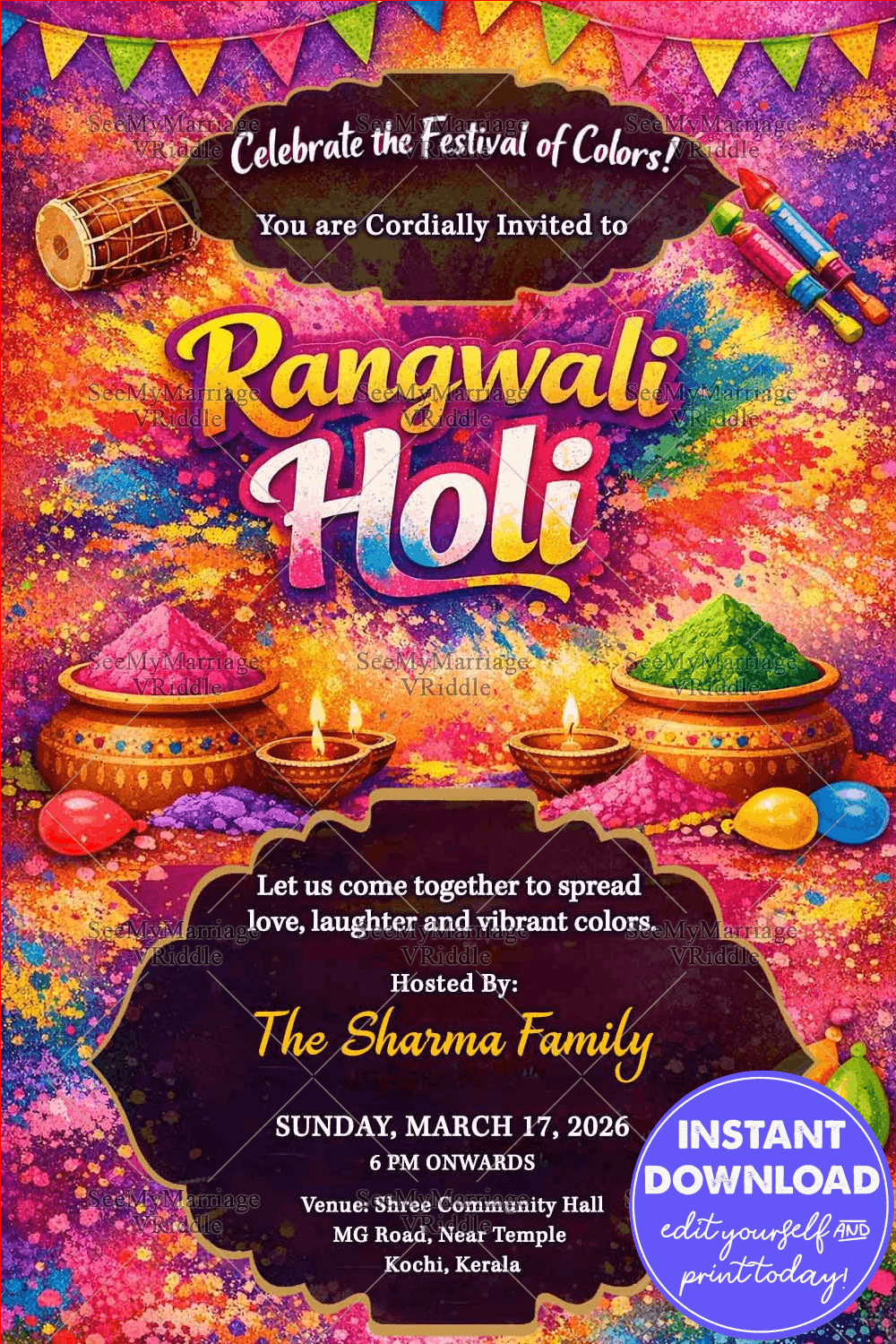 Joyful Rangwali Holi Invitation with Gulal Pots, Dhol Beats & Color Splash Festive Design