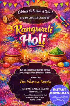 Joyful Rangwali Holi Invitation with Gulal Pots, Dhol Beats & Color Splash Festive Design