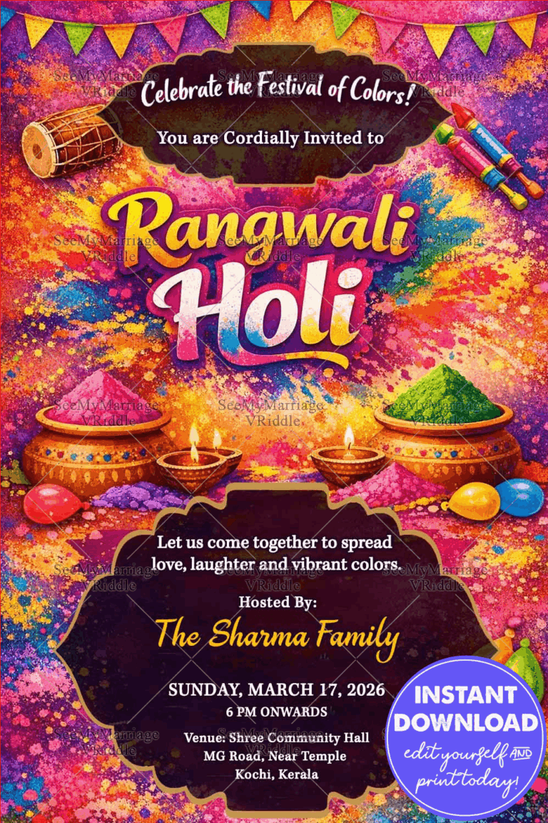 Joyful Rangwali Holi Invitation with Gulal Pots, Dhol Beats & Color Splash Festive Design