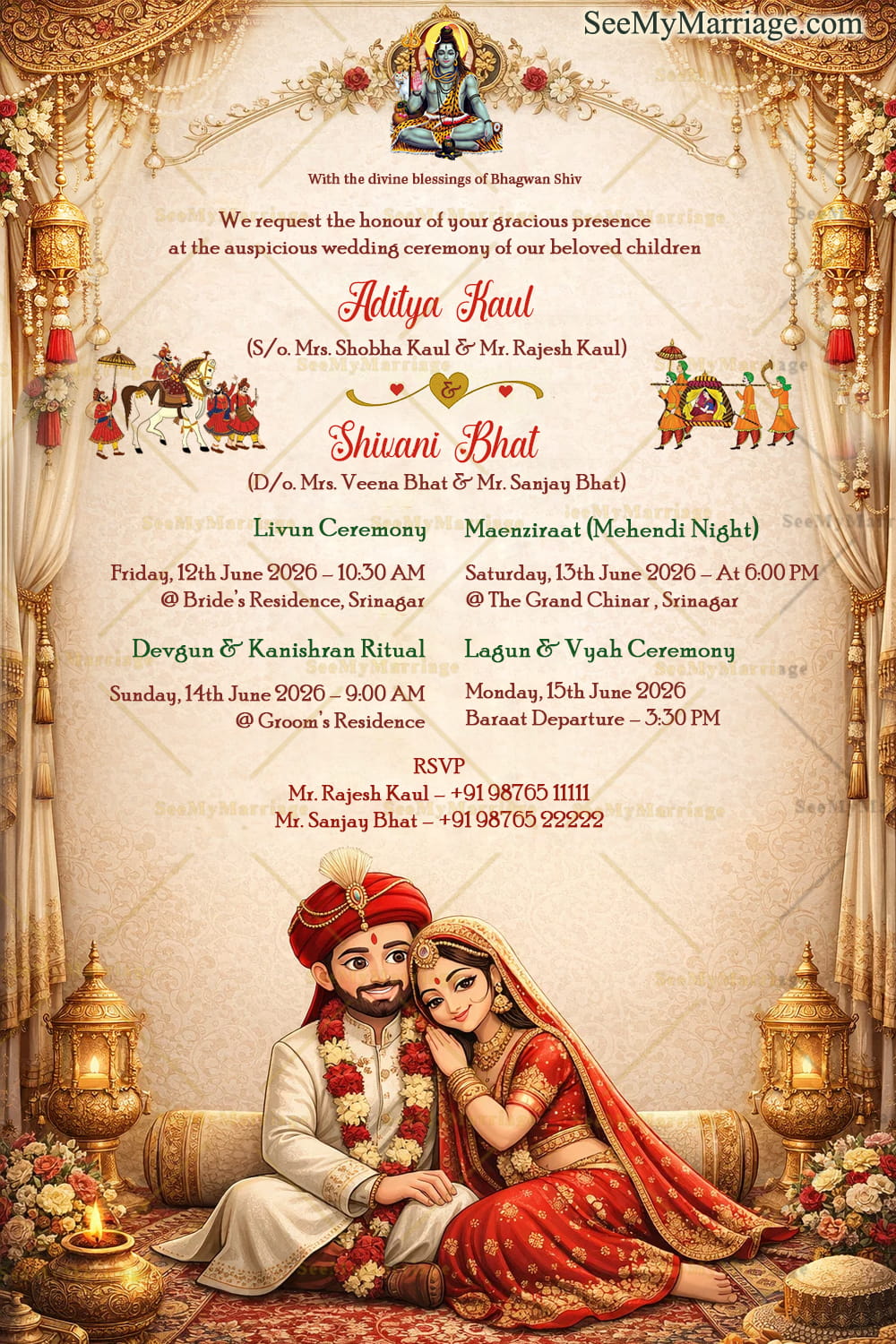Kashmiri Wedding Invitation with Lord Shiva Blessings, Royal Curtains & Traditional Ceremony Illustrations