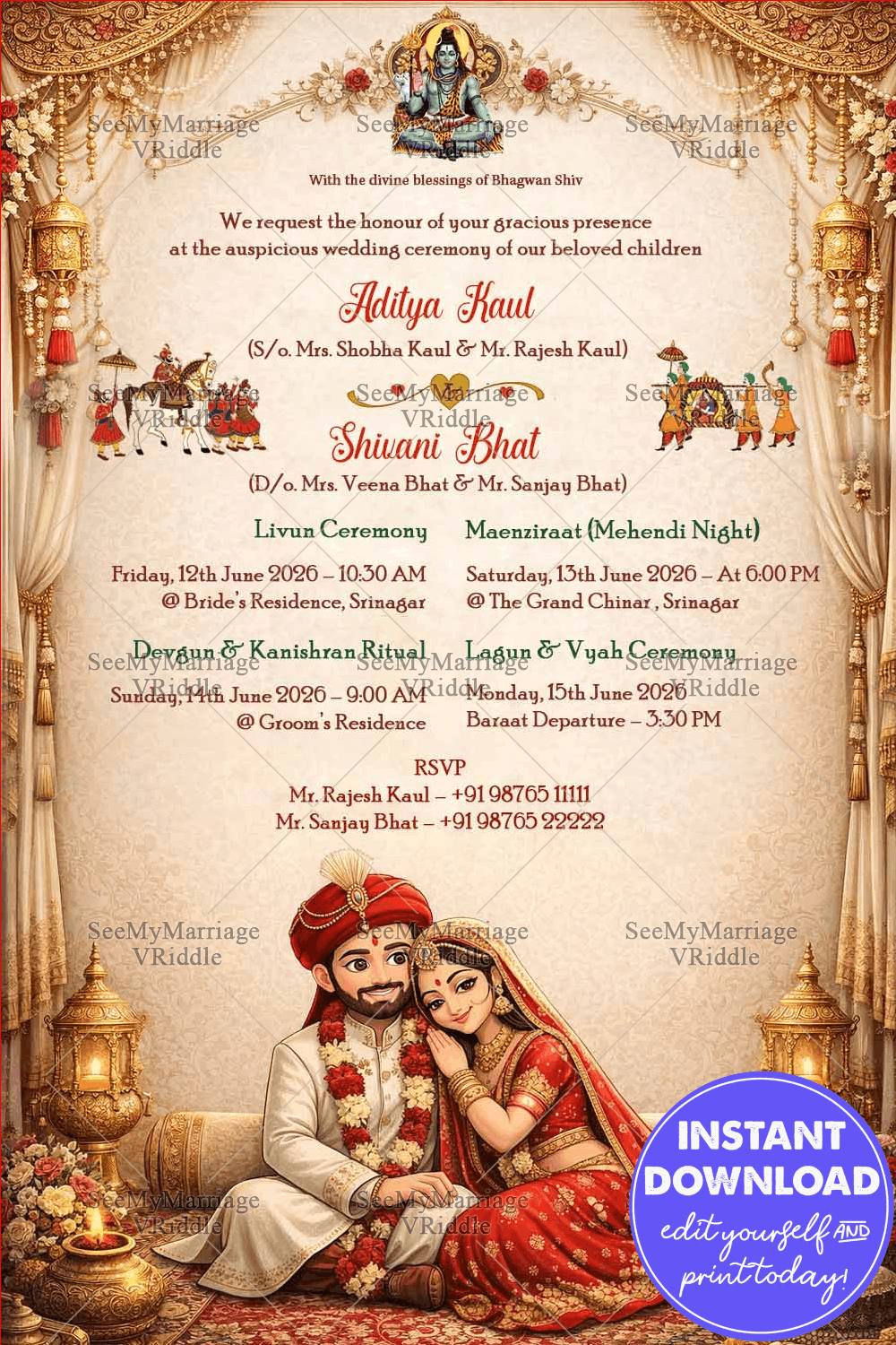 Kashmiri Wedding Invitation with Lord Shiva Blessings, Royal Curtains & Traditional Ceremony Illustrations