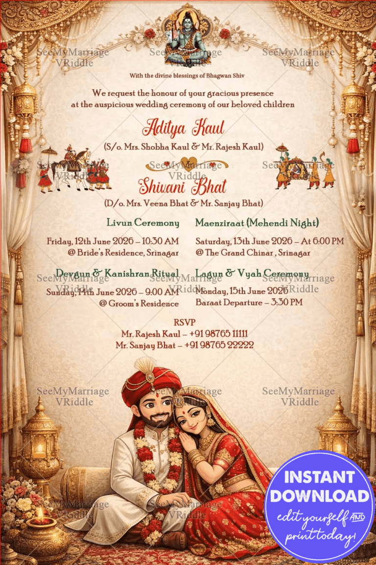 Kashmiri Wedding Invitation with Lord Shiva Blessings, Royal Curtains & Traditional Ceremony Illustrations