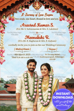 Kerala Wedding Invitation with Floral Arch, Temple Backdrop & Couple Portrait