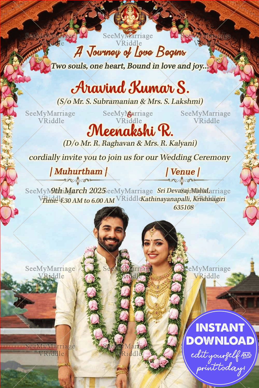Kerala Wedding Invitation with Floral Arch, Temple Backdrop & Couple Portrait