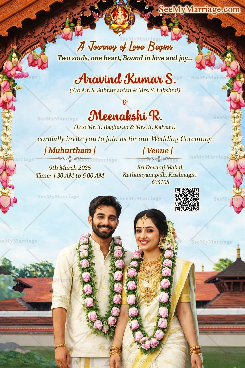Kerala Wedding Invitation with Floral Arch, Temple Backdrop & Couple Portrait