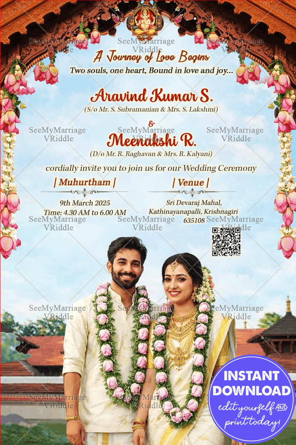 Kerala Wedding Invitation with Floral Arch, Temple Backdrop & Couple Portrait