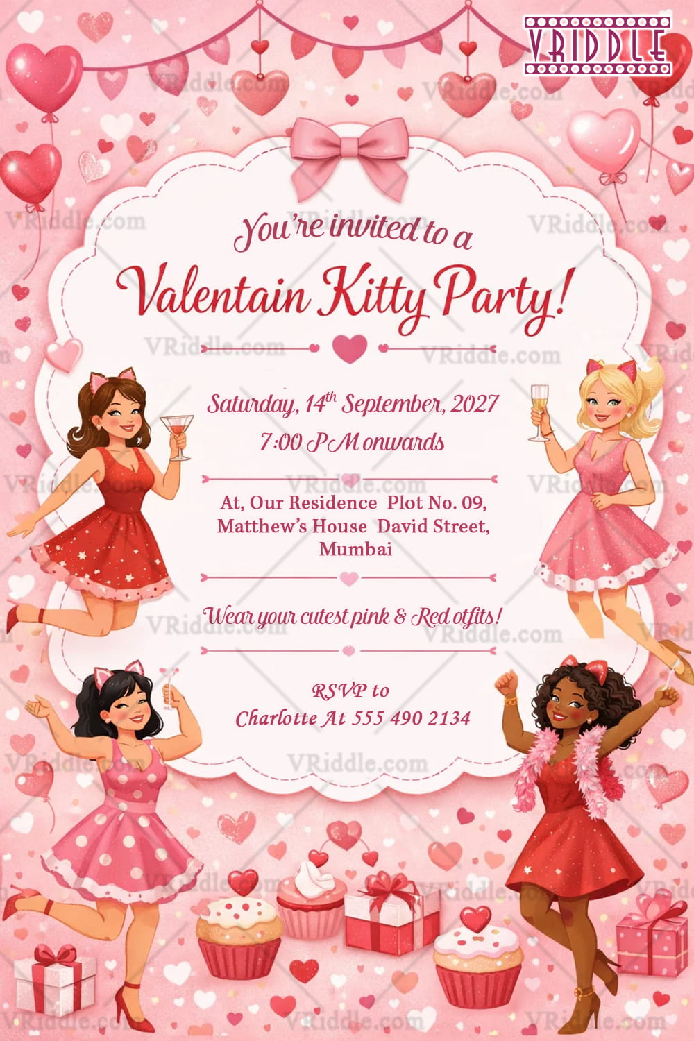Kitty Party Valentine's Day Invitation with Pink Hearts, Dancing Divas & Sweet Party Treats Theme