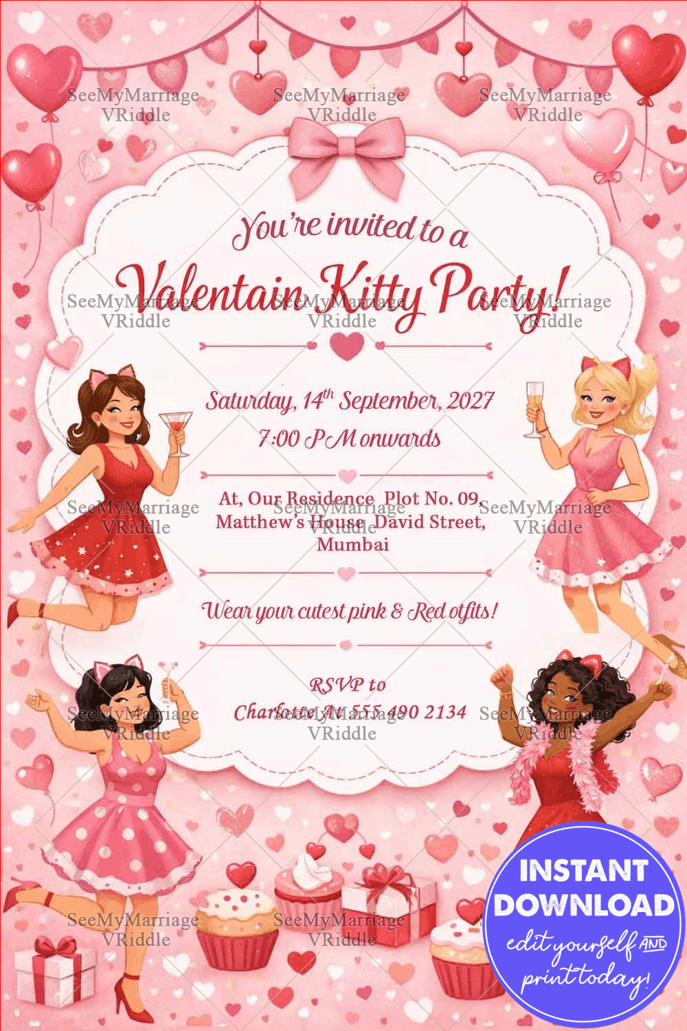 Kitty Party Valentine's Day Invitation with Pink Hearts, Dancing Divas & Sweet Party Treats Theme