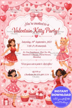 Kitty Party Valentine's Day Invitation with Pink Hearts, Dancing Divas & Sweet Party Treats Theme