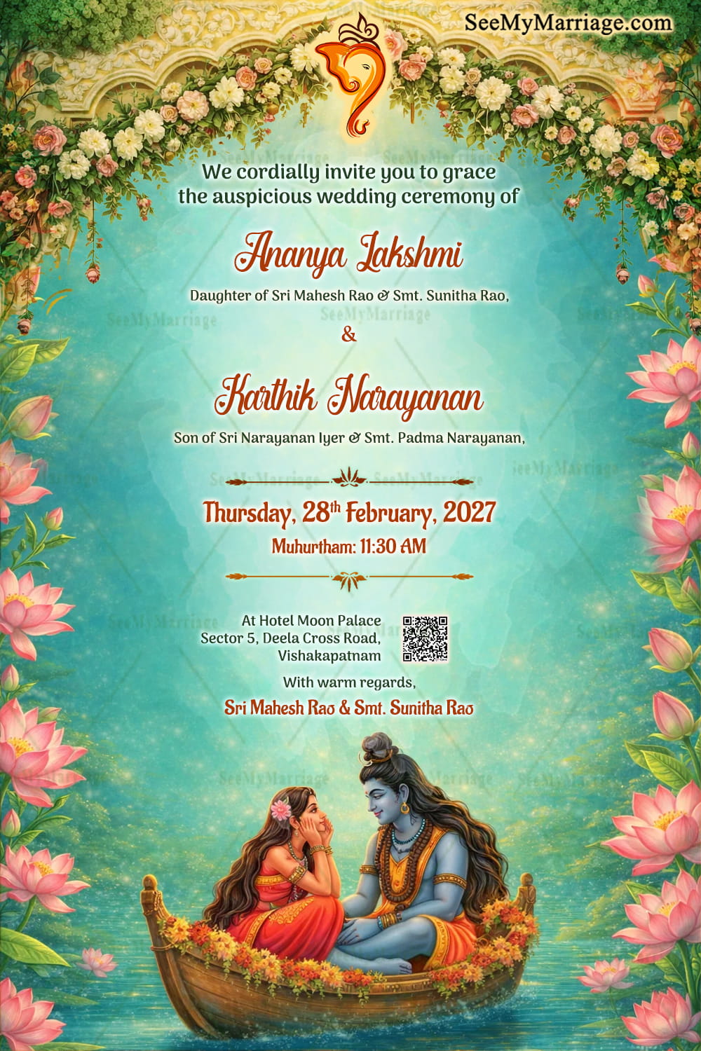 Lord Shiva Shiva–Parvati Wedding Invitation with Floral Garlands, Lotus Motifs & Temple Elegance