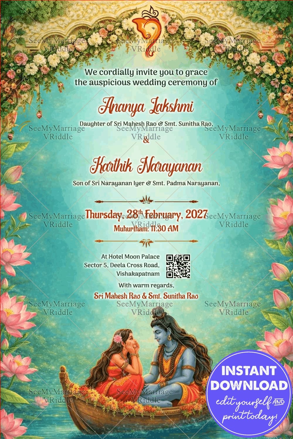Lord Shiva Shiva–Parvati Wedding Invitation with Floral Garlands, Lotus Motifs & Temple Elegance