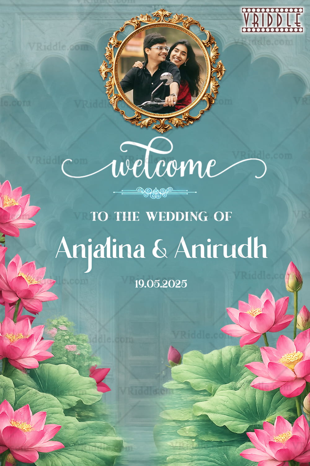 Lotus Lake Wedding Welcome Board with Ornate Photo Frame, Soft Teal Backdrop & Floral Accents