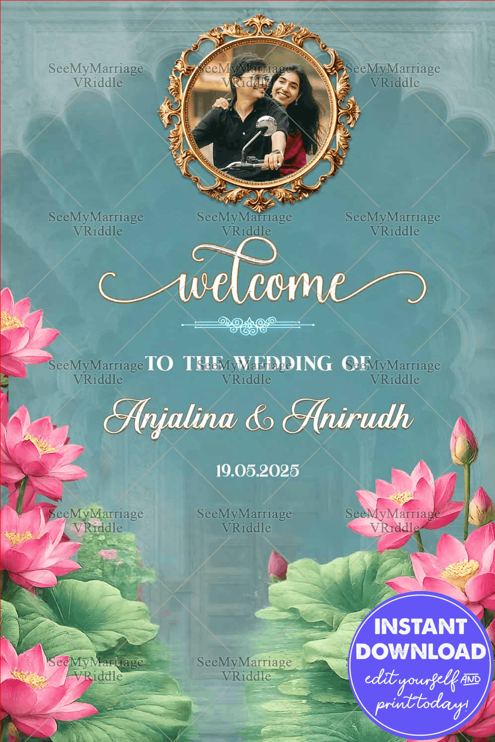 Lotus Lake Wedding Welcome Board with Ornate Photo Frame, Soft Teal Backdrop & Floral Accents