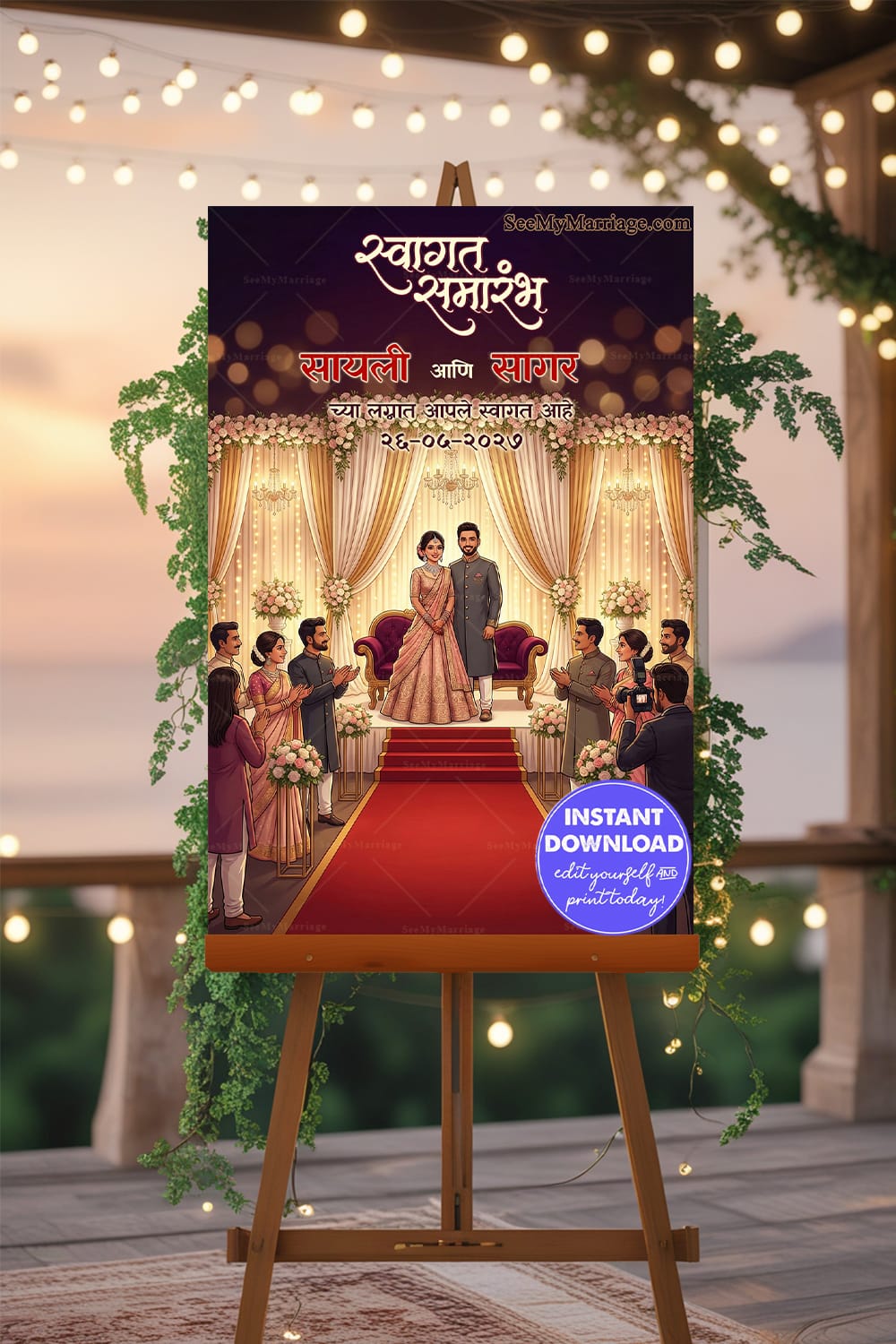 Luxury Marathi Reception Welcome Banner with Royal Stage Design, Pastel Floral Arrangements and Celebratory Guest Welcome