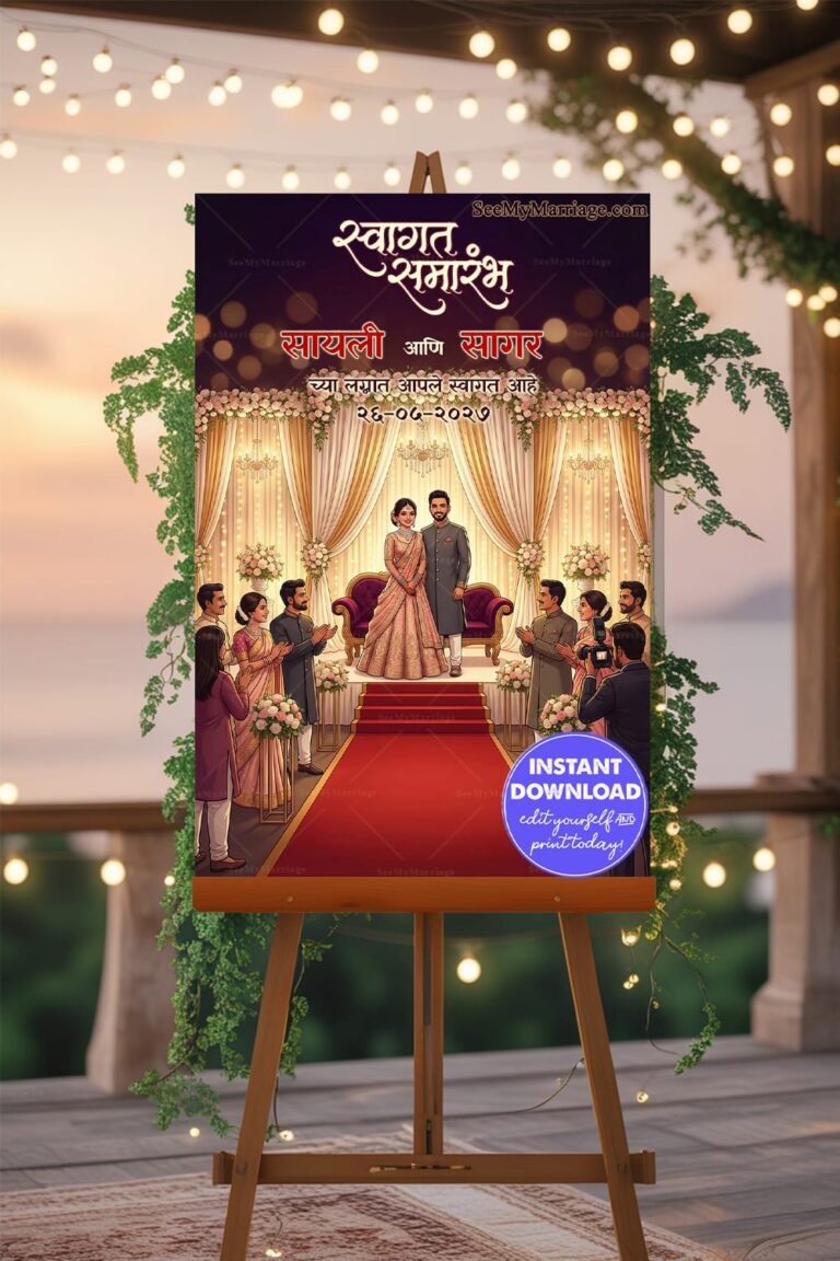 Luxury Marathi Reception Welcome Banner with Royal Stage Design, Pastel Floral Arrangements and Celebratory Guest Welcome