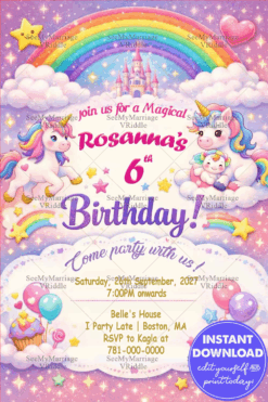 Magical Rainbow Unicorn Birthday Invitation with Pastel Clouds, Fairytale Castle & Sparkling Stars