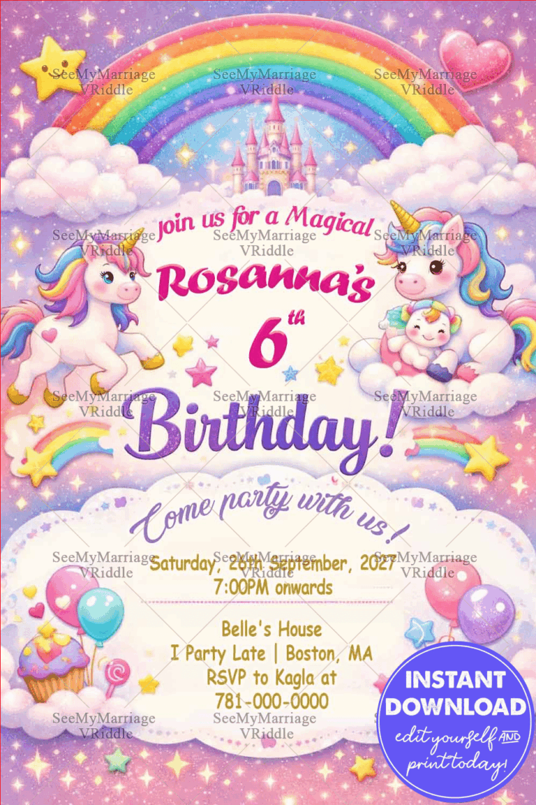 Magical Rainbow Unicorn Birthday Invitation with Pastel Clouds, Fairytale Castle & Sparkling Stars