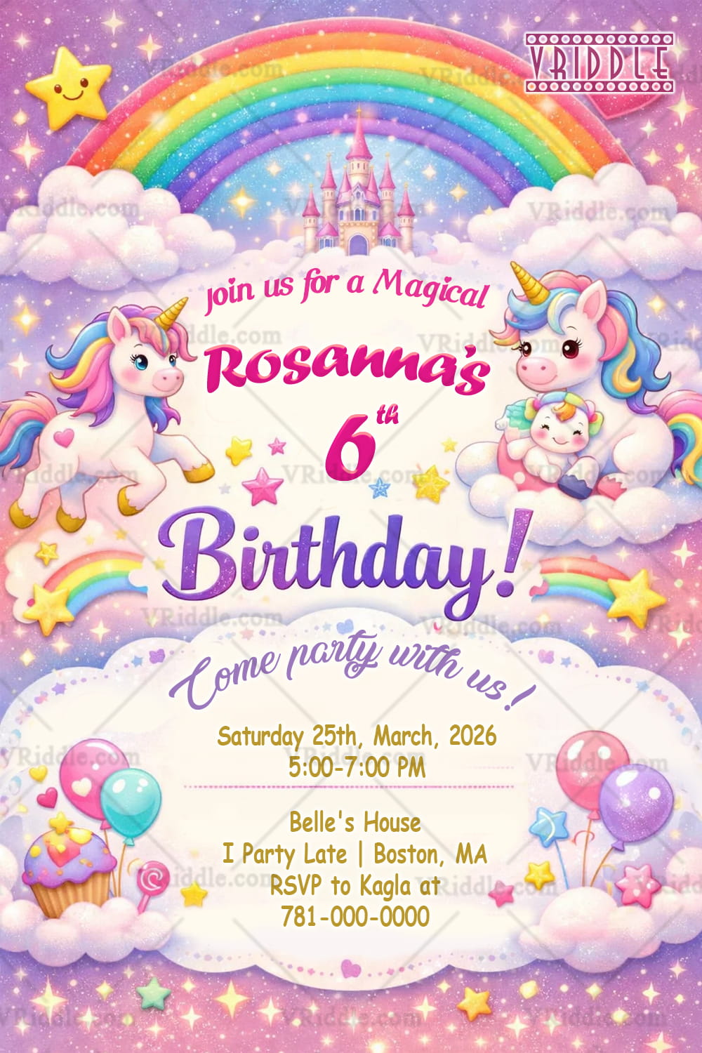 Magical Rainbow Unicorn Birthday Invitation with Pastel Clouds, Fairytale Castle & Sparkling Stars