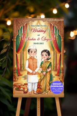 Maharashtrian Couple Wedding Sign Board with Ornate Wooden Arch, Colorful Drapes and Sacred Fire Ritual
