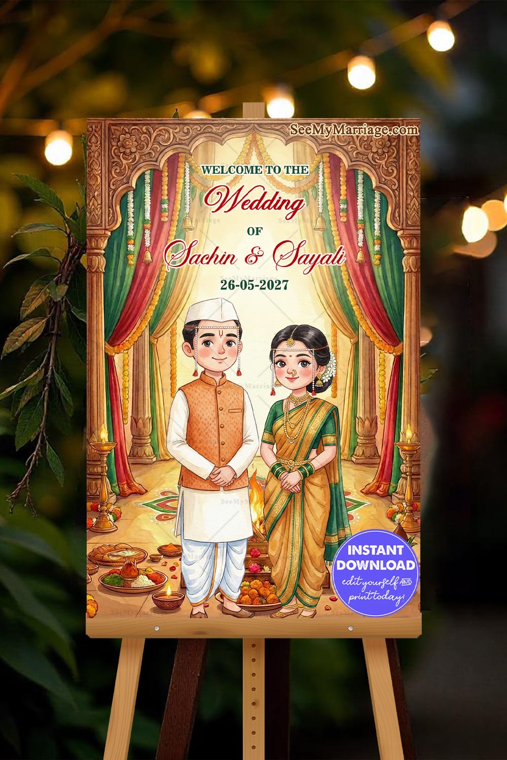 Maharashtrian Couple Wedding Sign Board with Ornate Wooden Arch, Colorful Drapes and Sacred Fire Ritual