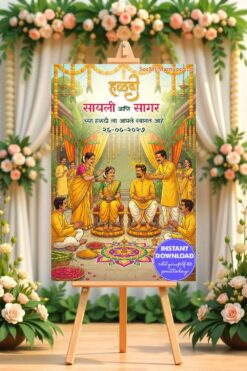 Maharashtrian Haldi Welcome Banner with Banana Leaf Mandap, Marigold Torans and Joyful Family Haldi Ritual Illustration