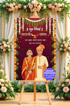 Maharashtrian Marathi Wedding Sign Board with Caricature Couple, Floral Toran Borders and Festive Maroon Elegance