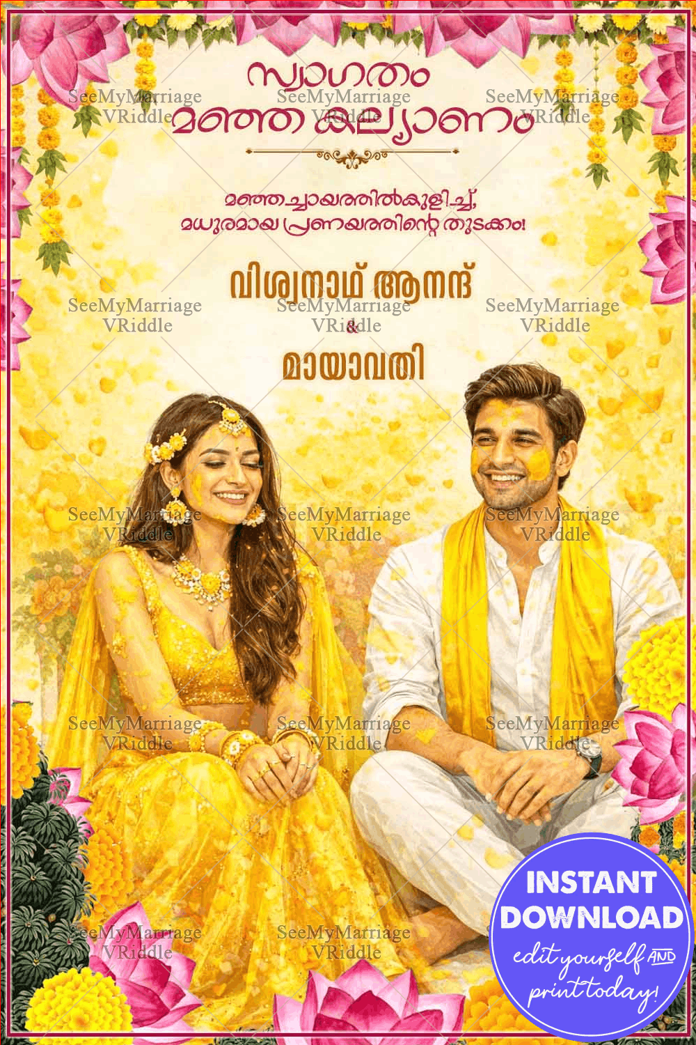 Malayalam Haldi Invitation Card with Yellow Turmeric Splash, Floral Lotus Borders & Couple Portrait