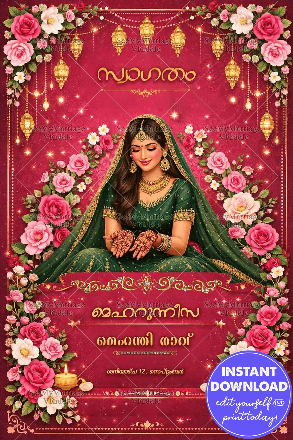Malayalam Mehndi Banner Card with Floral Borders, Golden Lanterns & Bridal Illustration