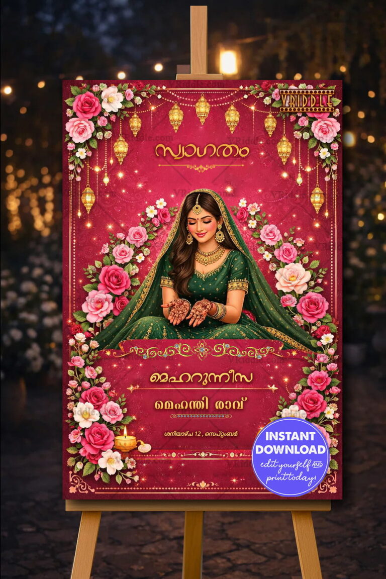 Malayalam Mehndi Banner Card with Floral Borders, Golden Lanterns & Bridal Illustration