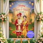 Marathi Couple Wedding Sign Board with Floral Mandap, Glowing Lantern Lights, Colorful Rangoli and a Dreamy Evening Garden Ambience