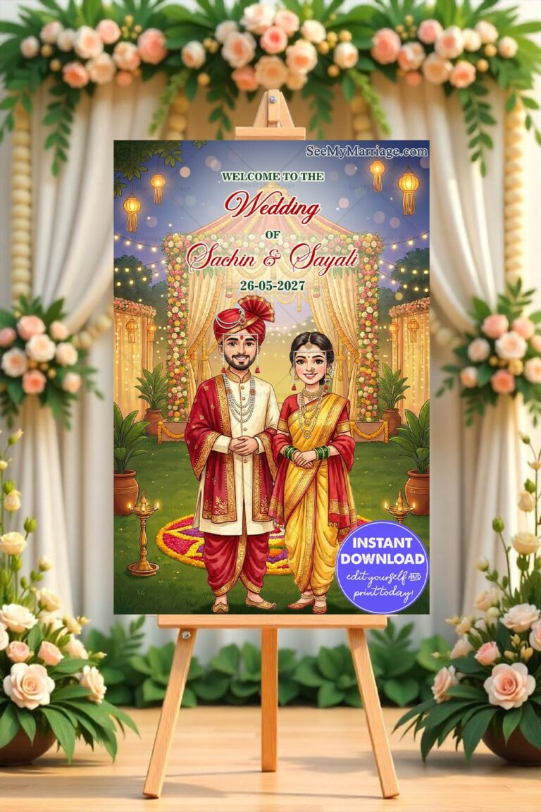 Marathi Couple Wedding Sign Board with Floral Mandap, Glowing Lantern Lights, Colorful Rangoli and a Dreamy Evening Garden Ambience