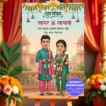 Marathi Wedding Sign Board with a Smiling Couple in Classic Maharashtrian Attire, Floral Toran and Hanging Bells