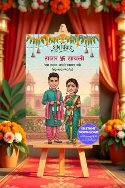 Marathi Wedding Sign Board with a Smiling Couple in Classic Maharashtrian Attire, Floral Toran and Hanging Bells
