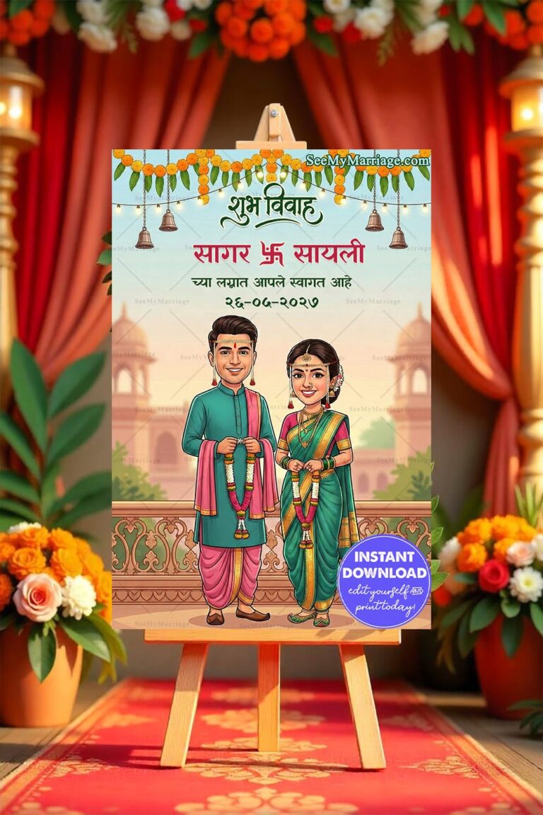 Marathi Wedding Sign Board with a Smiling Couple in Classic Maharashtrian Attire, Floral Toran and Hanging Bells