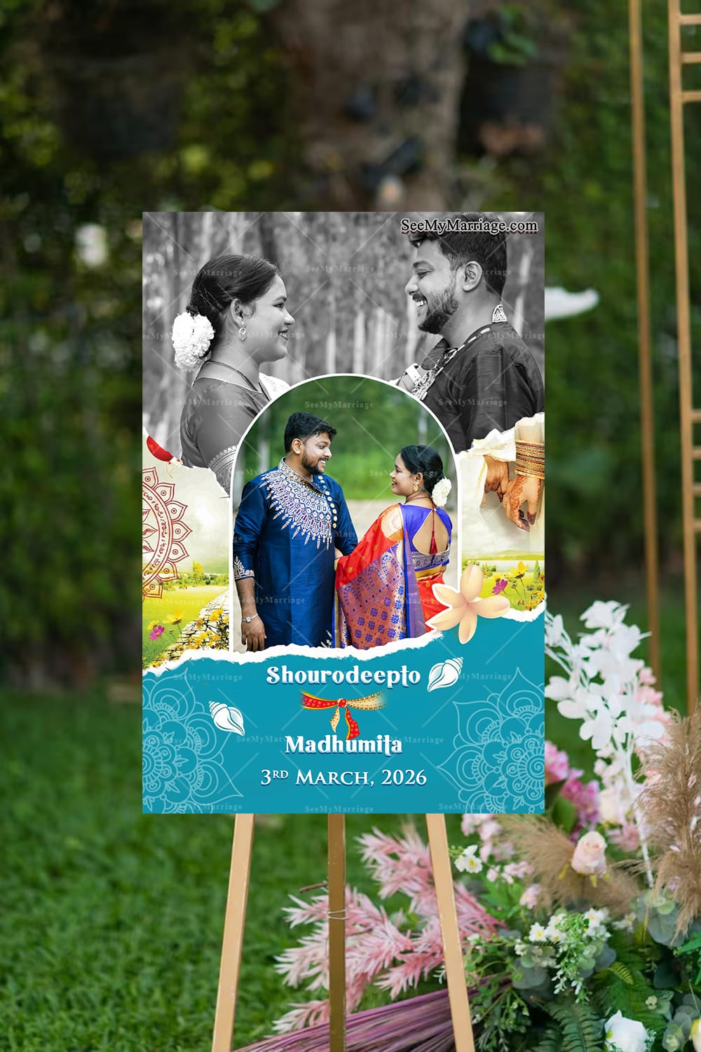 Monochrome Memories Bengali Wedding Welcome Banner with Add Photo and Floral Accents