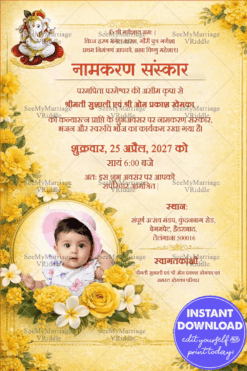 Namakaran Sanskar Invitation with Lord Ganesha, Baby Add Photo Option & Yellow Floral Theme