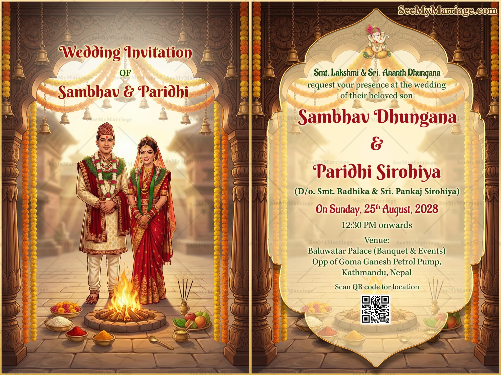 Two Leaf Nepali Wedding Invitation Card with Grand Temple Pillar Arches, Marigold Garlands and Couple Illustration