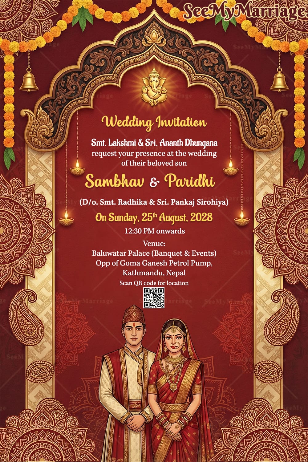 Royal Indian Nepali Wedding Invitation with Maroon–Gold Palette, Ornate Mandala Borders and Traditional Couple Illustration